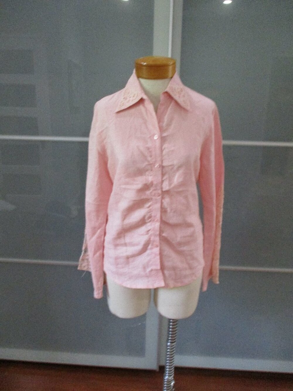 Mist Long Sleeve Lace Insert Detail Linen Button Front Puckered Blouse